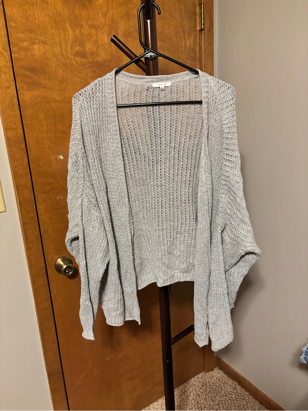 Light Gray Open-Front Waffle Knit Women's Cardigan